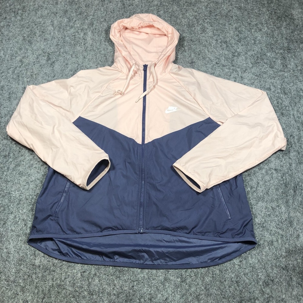 Nike Windbreaker Jacket Womens‎ L Pink Navy Colorblock Hooded Lightweight Zip